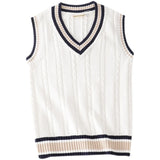 Ilooove Sweater Vest Men Thicken V-neck Sleeveless Knitted Sweaters Vests Striped Retro Preppy-style Simple Chic Loose Casual All-match