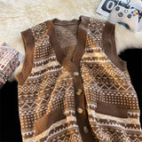 Ilooove Autumn Winter V-neck Thicken Printed Knitted Vest Men's Loose Casual High Street Sleeveless Sweaters Vests Men Tops Male Clothes