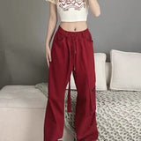 American high street red large pocket overalls summer sports pure cotton men&#39;s and women&#39;s casual pants loose mopping trousers