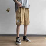 Summer Youth Loose Oversized Men's Clothing Solid Color Elastic Waist Spliced Pocket Fashion Casual Trend All-match Cargo Shorts