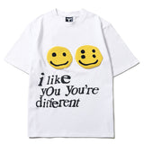 I Like Your Are Different Smiley Puff Foam Short Sleeve Kanye Tshirts for Men and Women Round Neck Oversized Hip Hop Cotton Tee