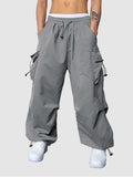 Loose Fit Cargo Pants for Men Solid Streetwear Tooling Trousers Mid-waist Drawstring Beam Feet Parachute Pants