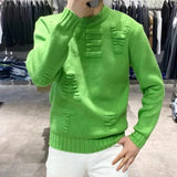 Ilooove Men's Clothing Green Knit Sweater Male Letter Plain Solid Color Pullovers Sheap Korean Fashion Classic Jumpers A Overfit Heated