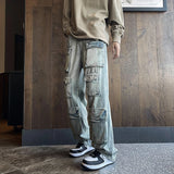 Harajuku Muti-pockets Cargo Jeans Men's Washed Patchwork Straight Casual Trousers Couple Streetwear Loose Fashion Pants