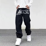 Dog Print Straight Loose Jeans Mens Retro High Street Oversize Casual Denim Trousers Harajuku Washed Hip Hop Jean Pants