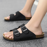 Ilooove Men's Black Leather Sandals Summer Casual Men Beach Sandals Roman Style High Quality Non-slip Flat Slides Fashion Male Shoes