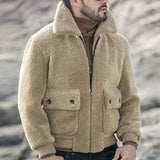 Ilooove - Mens Fashion Solid Color Winter Lamb Wool Jacket Lapel Zipper Padded Plush Coat