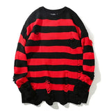 Ilooove Black Stripe Sweaters Destroyed Ripped Sweater Men Pullover Hole Knit Jumpers Men Oversized Sweatshirt Harajuku Long Sleeve Tops