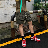 High Street Vibe Style Multi-pockets Cargo Shorts for Men Retro Drawstring Loose Hip Hop Casual Summer Knee Length Pants