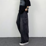 Men Denim Pants Bottoms Baggy Cargo Jeans Solid Color Relaxed Fit Mid Waist Denim Trousers  Streetwear