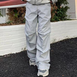 Solid Color Ruched Elastic Waist Men's Cargo Pants Straight Streetwear Pleated Casual Overalls Baggy Black Loose Trousers