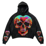 Ilooove Retro hooded sweatshirt skull print flame Y2K retro hooded pullover jacket street style goth casual fashion men's Harajuku top