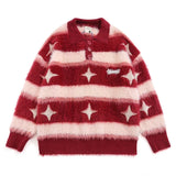 Hip Hop Sweater Men Y2K Contrast Striped Star Jacquard Lapel Knit Pullover Harajuku Casual Oversized Jumpers Autumn Couple Tops