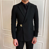 British Style Black Suit Jacket Male Elegant Gentleman Business Casual Professional Formal Dress Body Belt A Double Breasted