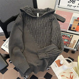 Ilooove American Autumn and Winter Men and Women Trend Woven Design Hooded Sweater Couple Loose Retro Gray Loose Casual Top Harajuku Y2k