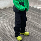 Retro Big Pockets Black Mens Cargos High Street Elastic Waist Vibe Style Overalls Straight Wide Leg Oversized Trousers