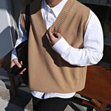 Ilooove Sweater Vest Men V-neck Korean Style Trendy Knitting Loose Autumn Winter Sleeveless All-match Handsome Solid Streetwear Casual