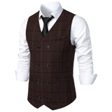 Ilooove Men Business Waistcoat Sleeveless Pockets Single Breasted Slim Fit Suit Vest Coat Plaid Print Work Waistcoat