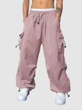 Loose Fit Cargo Pants for Men Solid Streetwear Tooling Trousers Mid-waist Drawstring Beam Feet Parachute Pants