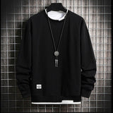 2023 Autumn New Harajuku Sweatshirts Men Casual Solid Color Sweatshirt O-Neck Fake Two Pullover Mens Basis Tops Streetwear