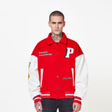 Fashion Red Bomber Jacket Unisex Coat Mens Varsity Jacket Letter Pattern PU Leather Patchwork Baseball Jacket Winter Streetwear