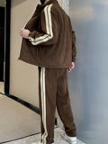 Autumn Winter Velvet Side Striped Tracksuit Sets Mens Oversized Zip Up Sweatshirts+Drawstring Sweatpants Two Piece Set