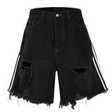 Side Striped Ripped Denim Shorts Trend Fashion Tassel Black Jeans Pants Men Summer Casual Streetwear Unisex Hip Hop Y2K Shorts