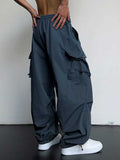 Loose Fit Cargo Pants for Men Solid Streetwear Tooling Trousers Mid-waist Drawstring Beam Feet Parachute Pants