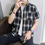 Half Sleeve Man Tops Red Plaid Shirts and Blouses for Men Silk S Cotton Cheap Brand Hipster Korean Style Designer Asia Clothing