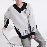 Black White Patchwork Pullovers Sweaters Washed Destroyed Ripped Sweater Men Harajuku Hole Knit Jumpers for Women Oversized