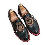 Ilooove Loafers Men PU Shallow Embroidery Applique Belt Buckle Decoration Slip-On Casual Shoes Low Heel Comfortable Classic Men Shoes