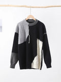 Man Panelled Contrast O-neck Sweater Autumn Winter Vintage Loose  Long Sleeves Knitted Pullover Fashion Casual Male Jumper