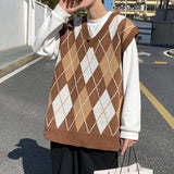 Ilooove Sweater Vest Men Argyle New Arrival Male Sleeveless Harajuku V-neck Students Design Knitting Ulzzang Preppy Style Teens Casual