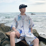 Summer Men's Hawaiian Beach Sets Single Breasted Graffiti Printed Short Sleeve Shirt and Shorts Casual Vacation Travel Outfit