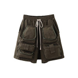 High Street Vibe Style Multi-pockets Cargo Shorts for Men Retro Drawstring Loose Hip Hop Casual Summer Knee Length Pants