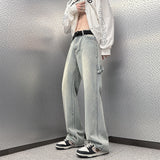 2023 Spring New Men's Pants Vintage Washed Straight Tube Splicing Male Jeans High Street Fashion Casual Wide Leg Trousers