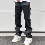 High Street Patchwork Ripped Black Jeans Pants for Men Straight Retro Casual Sashes Pockets Denim Trousers Oversized Loose Jean