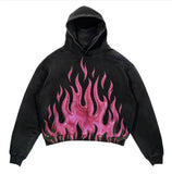 Ilooove Retro hooded sweatshirt skull print flame Y2K retro hooded pullover jacket street style goth casual fashion men's Harajuku top