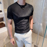 2023 Spring Summer Korean Version Men's Trend Slimming Short Sleeve Round Neck Solid Color Striped Printed Fashion Youth T-shirt