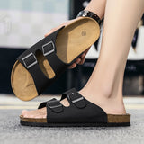 Ilooove Men's Black Leather Sandals Summer Casual Men Beach Sandals Roman Style High Quality Non-slip Flat Slides Fashion Male Shoes