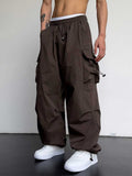 Loose Fit Cargo Pants for Men Solid Streetwear Tooling Trousers Mid-waist Drawstring Beam Feet Parachute Pants