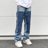 High Street Patchwork Ripped Black Jeans Pants for Men Straight Retro Casual Sashes Pockets Denim Trousers Oversized Loose Jean