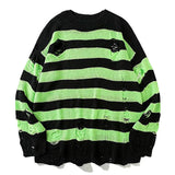 Ilooove Black Stripe Sweaters Destroyed Ripped Sweater Men Pullover Hole Knit Jumpers Men Oversized Sweatshirt Harajuku Long Sleeve Tops