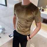 2023 Spring Summer Korean Version Men's Trend Slimming Short Sleeve Round Neck Solid Color Striped Printed Fashion Youth T-shirt