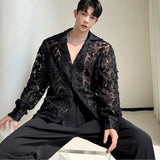 Sexy Men Shirts Black Feather Hollowed Out Sequin Lapel Long Sleeve Streetwear Transparent Button Men Clothing Fashion Camisas