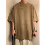 Summer Short Sleeved T-shirt Men Retro Solid Color Round Neck T Shirt Men Streetwear Hip-hop Loose Suede T Shirt Mens Top M-3XL