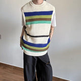 Japanese Retro Contrast Color Hollow Knitted Vest Men Summer Thin Section Loose Casual Harajuku Pullover Men Ins Striped Vest