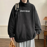 Ilooove - Oversized High Turn Collar Embroidered Hoodies Men Loose Thickene Fleece Tops Korean Fashion Pullovers Hoodie Male