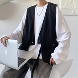 Vests Men Sleeveless Waistcoats Harajuku Techwear Hip-hop Big Pockets V-neck Loose All-match Teenagers Korean Style Jackets Chic