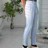 Spring Seersucker High Waist Straight Pants British Petty Bourgeoisie Blue Stripe Italian Casual Trousers Men Pantalones Hombre